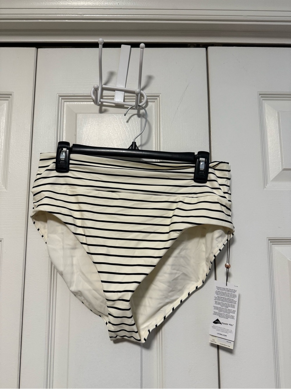 High-Waist Striped Bikini Bottoms - Black & Cream